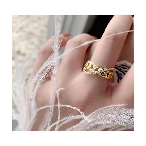 Micro inlaid Artificial zircon chain cross ring with adjustable opening Image 1