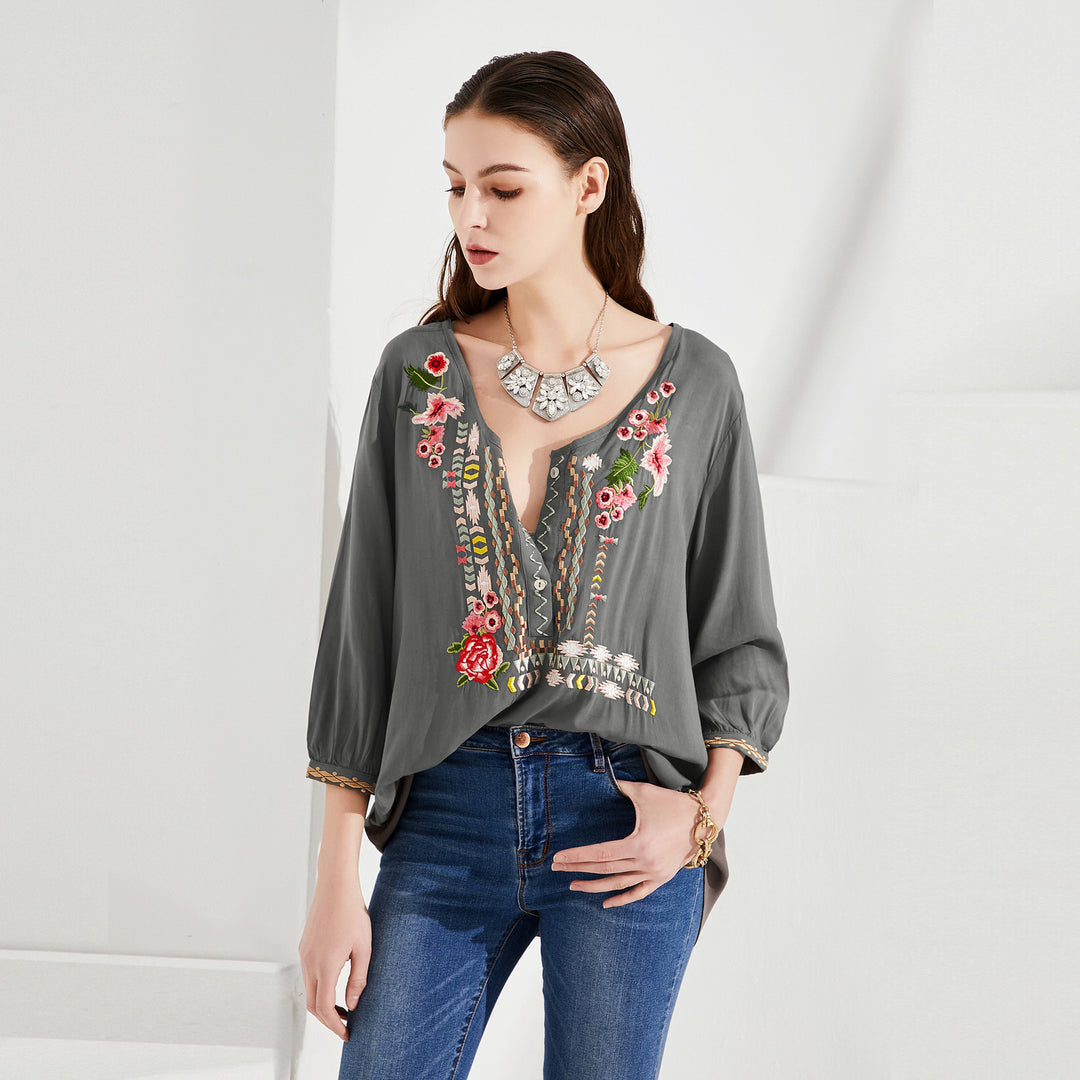 Boho Top Blouse with Floral EmbroideryMutliple Colors Image 2