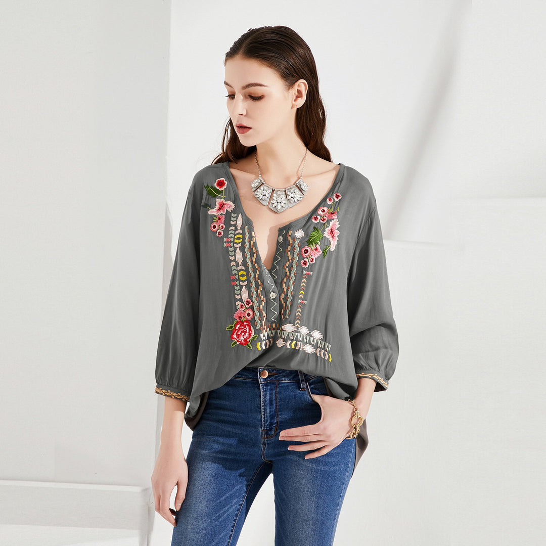 Boho Top Blouse with Floral Embroidery Mutliple Colors Image 1