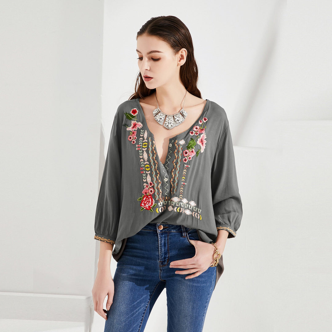 Boho Top Blouse with Floral EmbroideryMutliple Colors Image 1