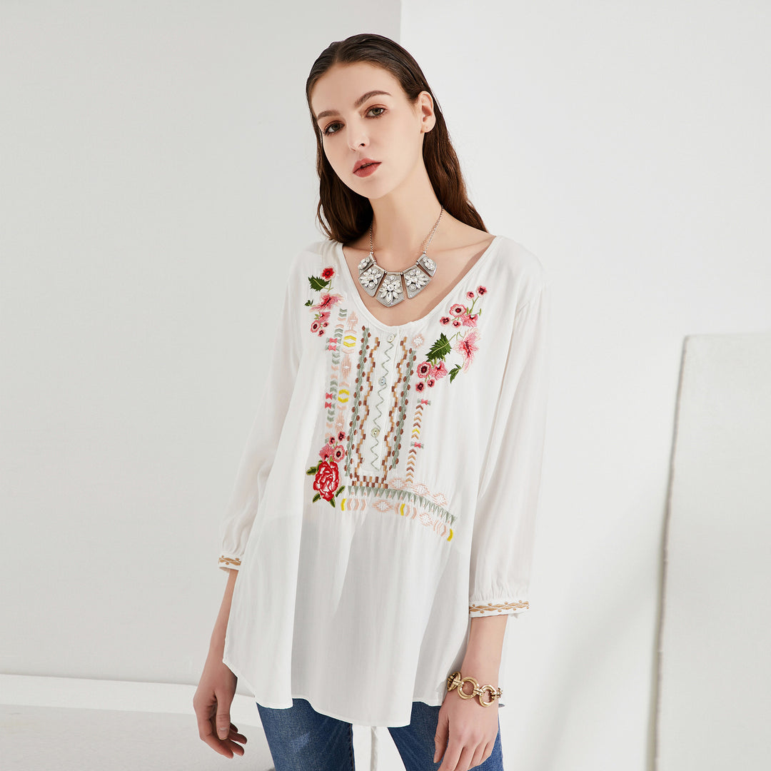 Boho Top Blouse with Floral EmbroideryMutliple Colors Image 3