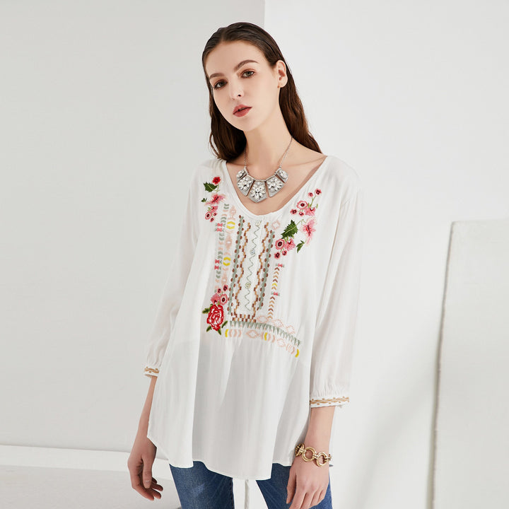 Boho Top Blouse with Floral Embroidery Mutliple Colors Image 1