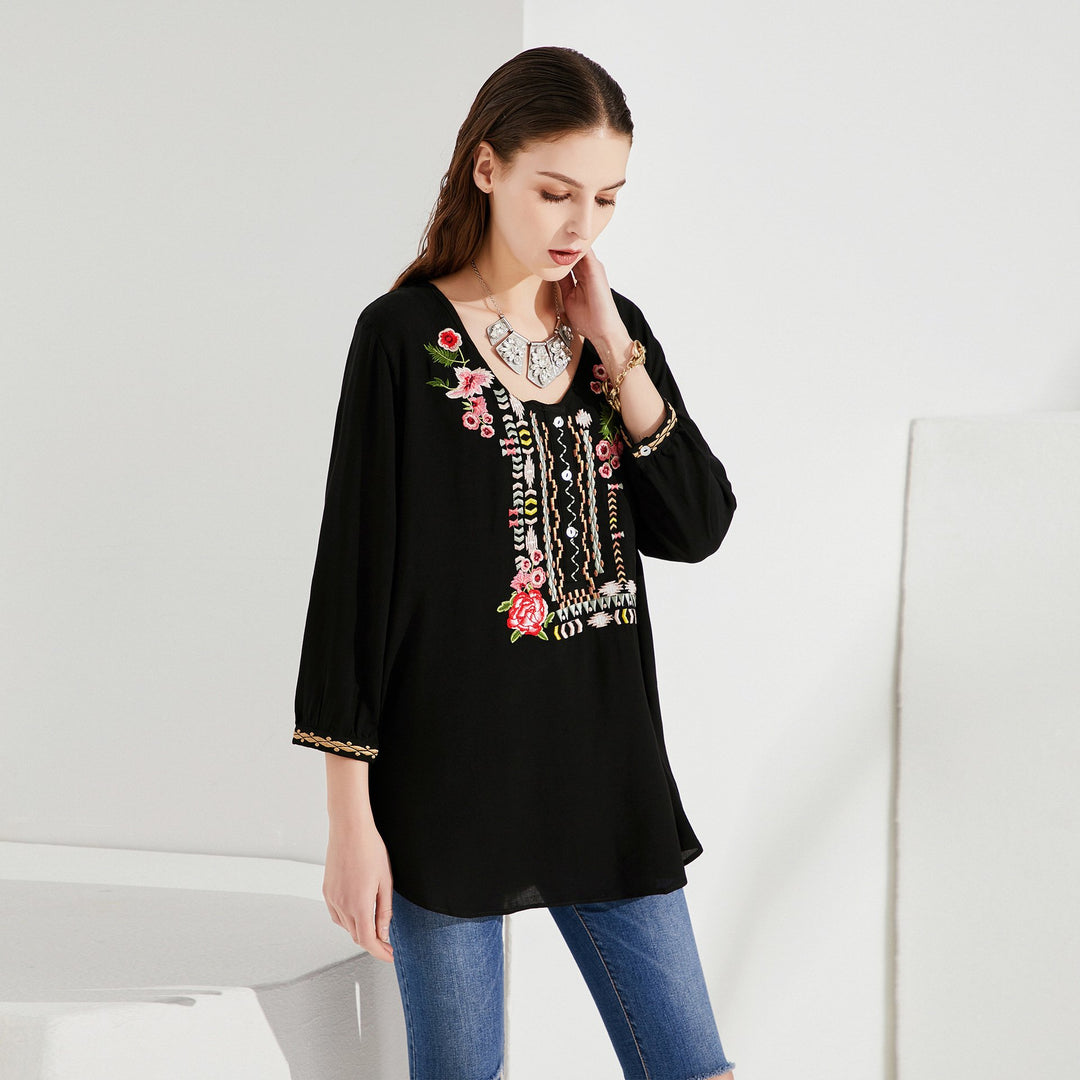 Boho Top Blouse with Floral EmbroideryMutliple Colors Image 1