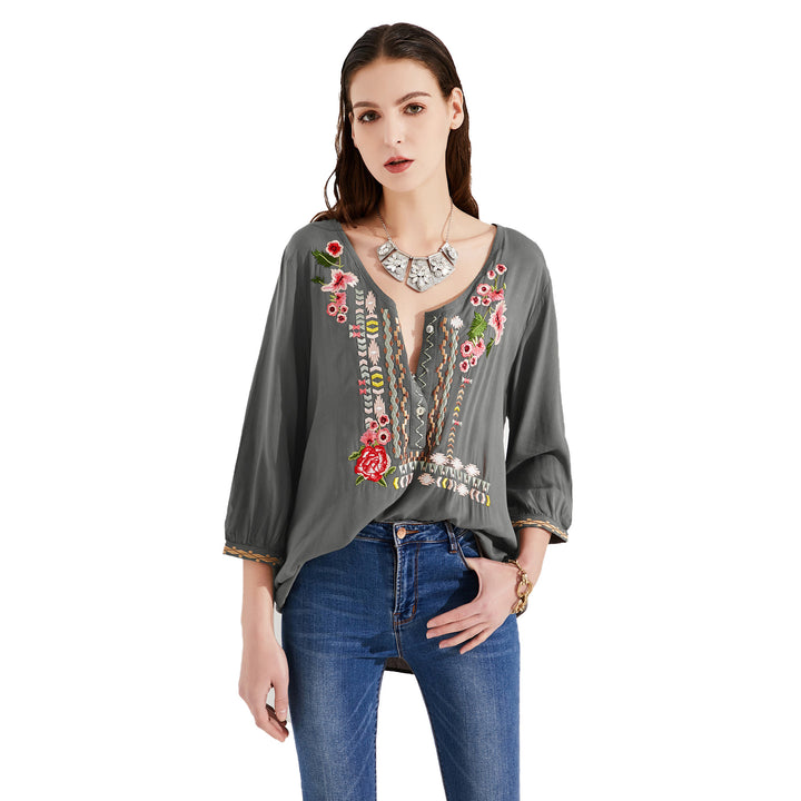 Boho Top Blouse with Floral EmbroideryMutliple Colors Image 4