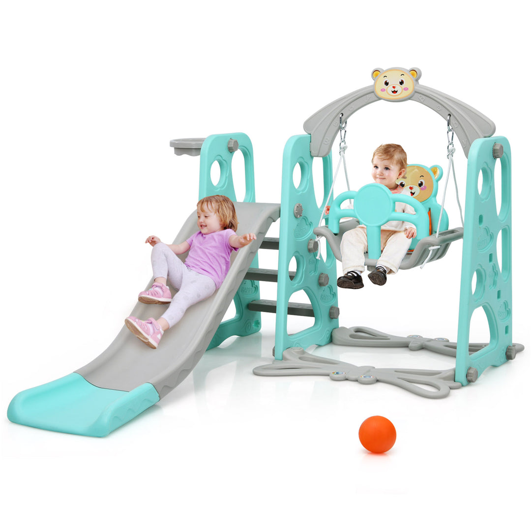 Babyjoy 4-in-1 Toddler Climber and Swing Set w/ Basketball Hoop and Ball Green Image 1