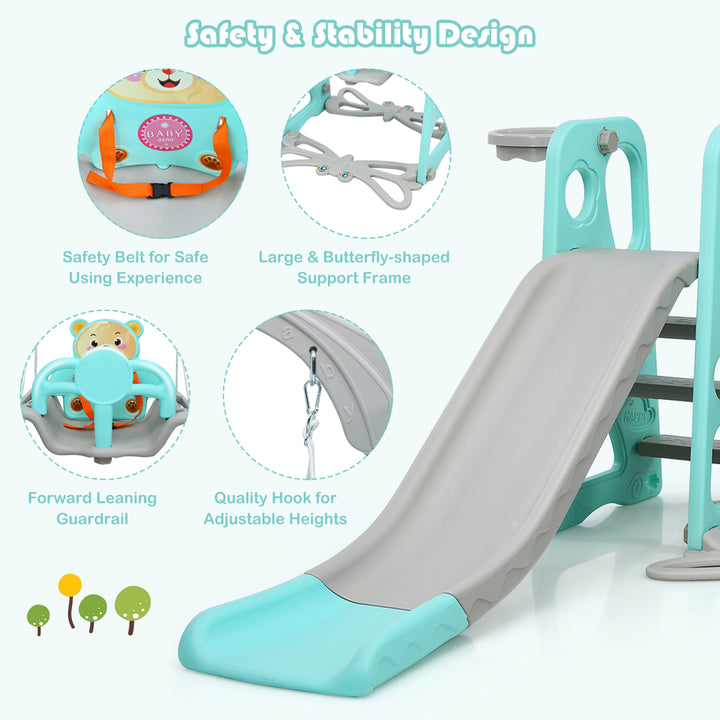 Babyjoy 4-in-1 Toddler Climber and Swing Set w/ Basketball Hoop and Ball Green Image 4