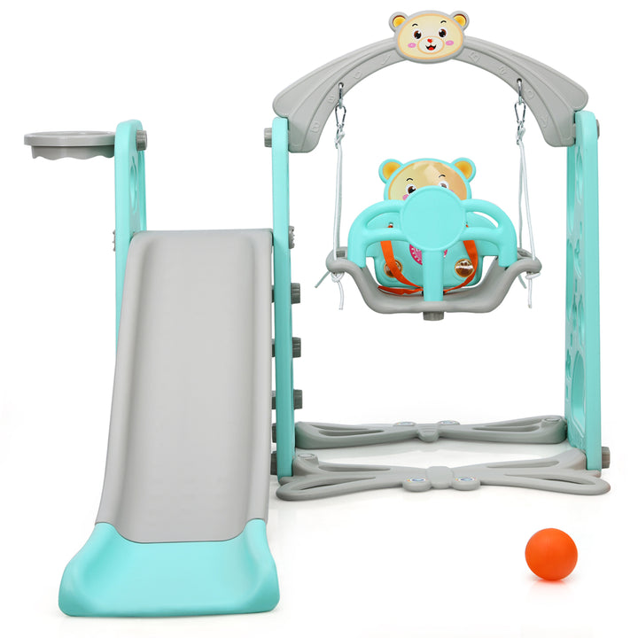 Babyjoy 4-in-1 Toddler Climber and Swing Set w/ Basketball Hoop and Ball Green Image 10