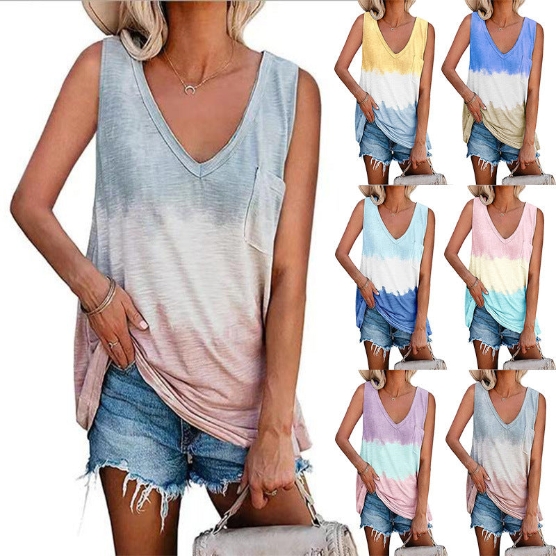 Tie Dye Fashion V Neck Sleeveless Top Shirt Image 1