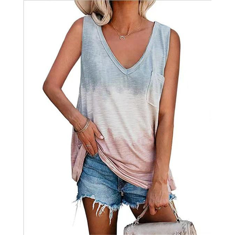 Tie Dye Fashion V Neck Sleeveless Top Shirt Image 2