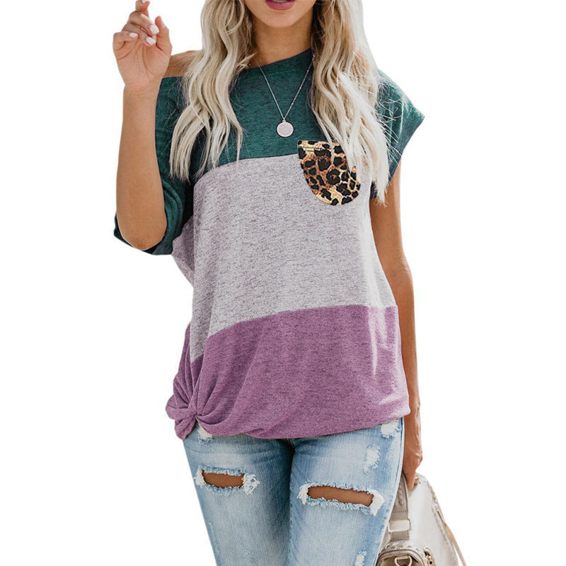 Contrast Color Leopard Print Pocket Short Sleeve T-Shirt Image 8