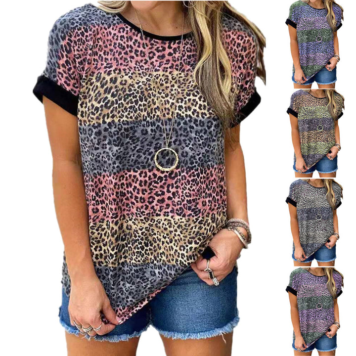 Women Trendy Leopard Print Short Sleeve Loose Tunic Top Shirt Image 1