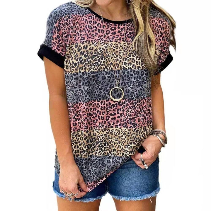 Women Trendy Leopard Print Short Sleeve Loose Tunic Top Shirt Image 3