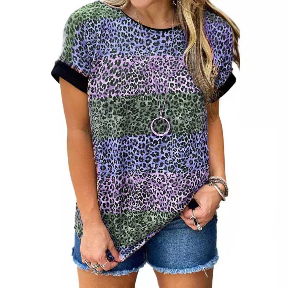 Women Trendy Leopard Print Short Sleeve Loose Tunic Top Shirt Image 2