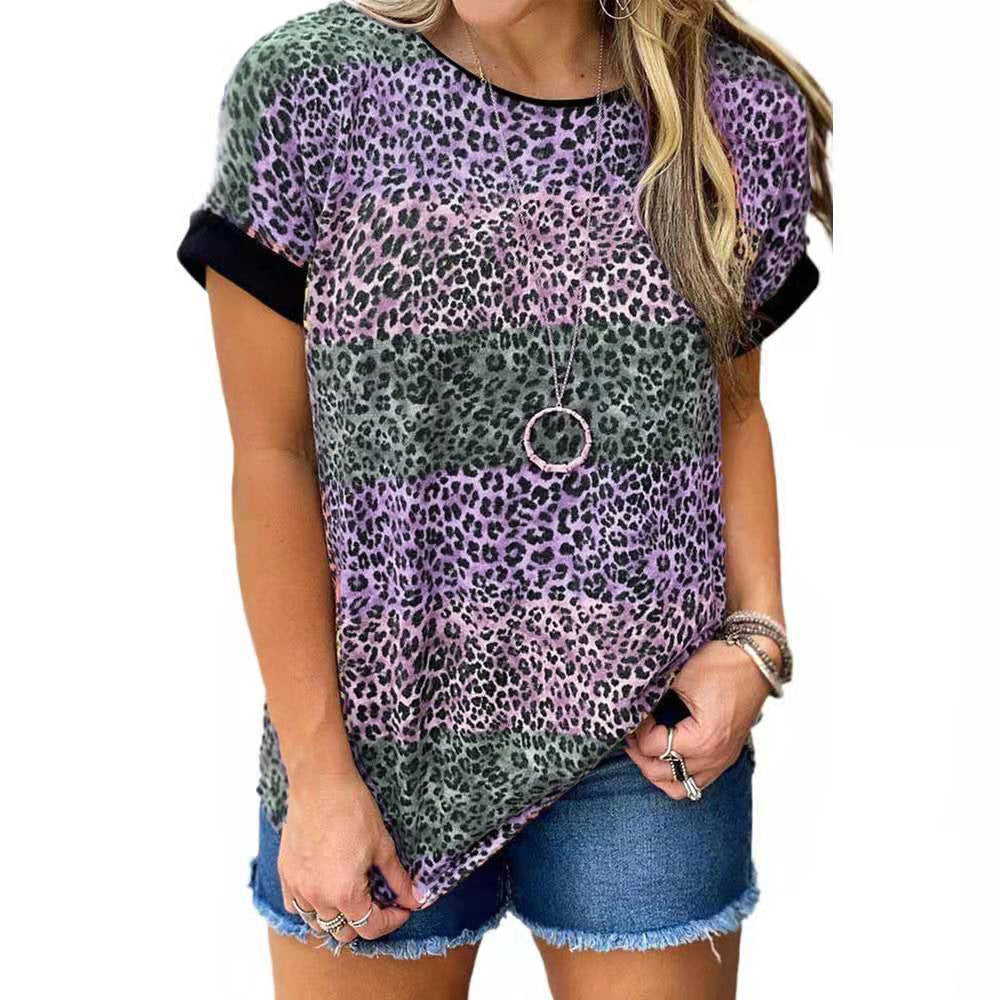 Women Trendy Leopard Print Short Sleeve Loose Tunic Top Shirt Image 4