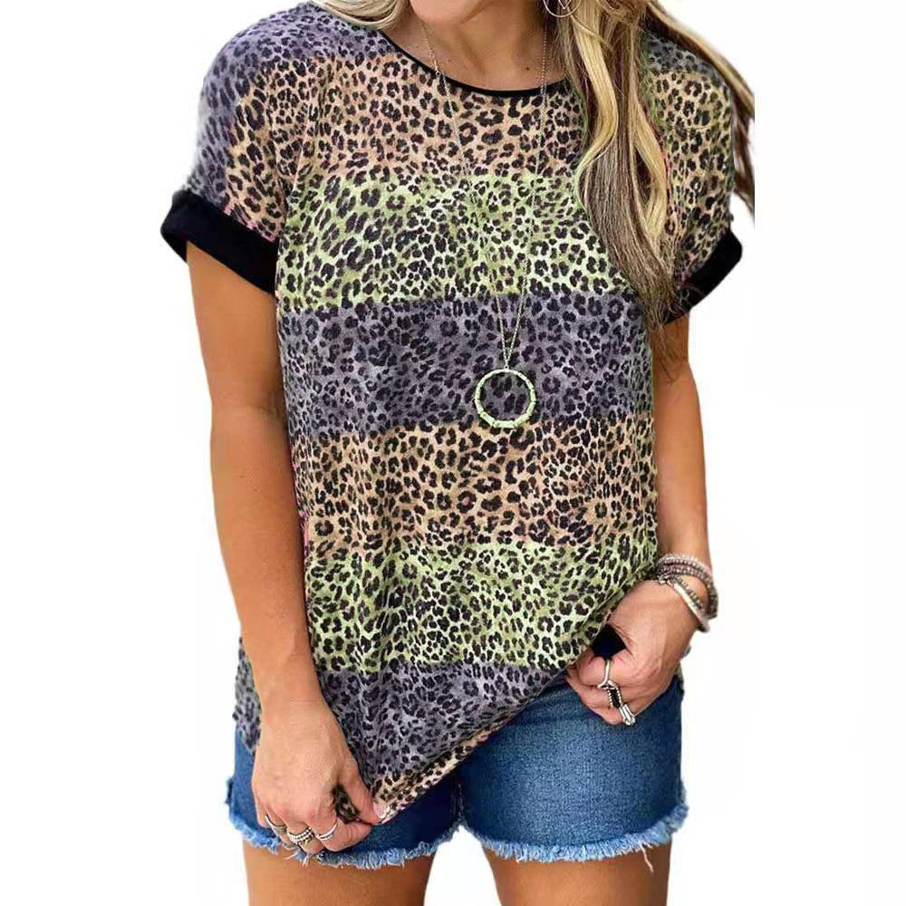 Women Trendy Leopard Print Short Sleeve Loose Tunic Top Shirt Image 6