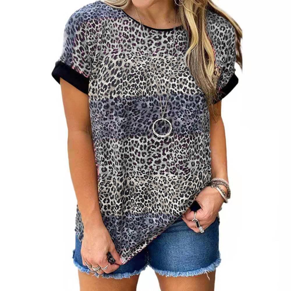 Women Trendy Leopard Print Short Sleeve Loose Tunic Top Shirt Image 7