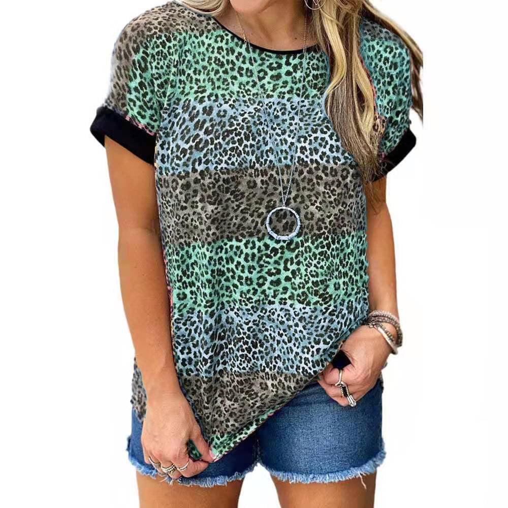 Women Trendy Leopard Print Short Sleeve Loose Tunic Top Shirt Image 4