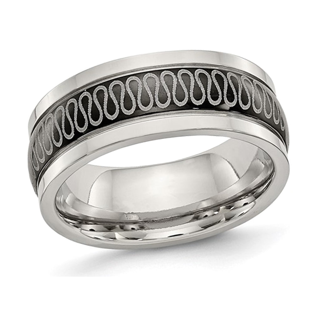 Mens Stainless Steel Black Plated 8mm Swirl Band Ring Image 1