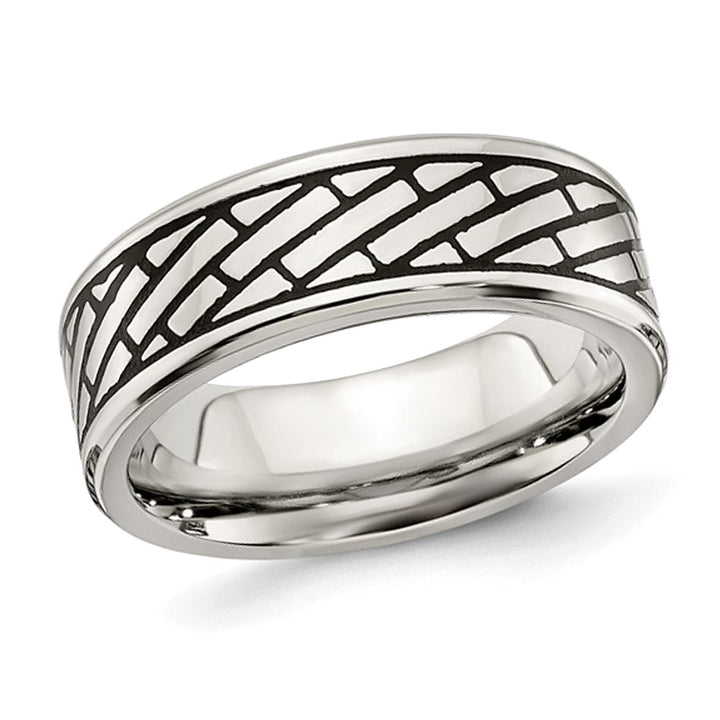 Mens Stainless Steel 7.5mm Antiqued and Polished Brick Band Ring Image 1