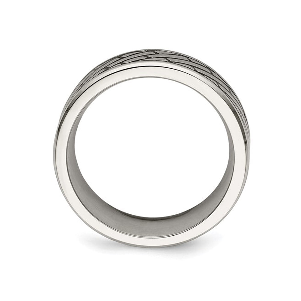 Mens Stainless Steel 7.5mm Antiqued and Polished Brick Band Ring Image 2