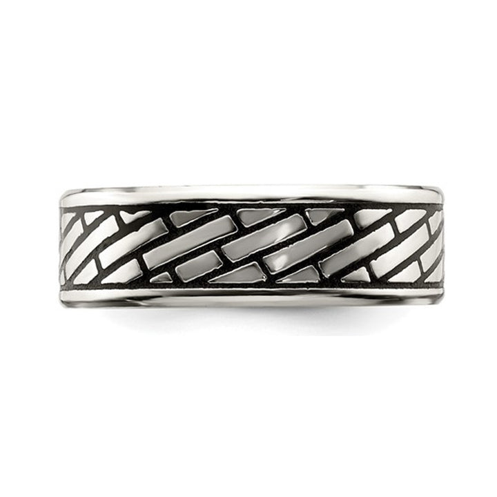 Mens Stainless Steel 7.5mm Antiqued and Polished Brick Band Ring Image 3