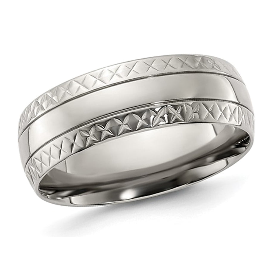 Mens Titanium Criss Cross Grooved Wedding Band Ring 7mm Image 1