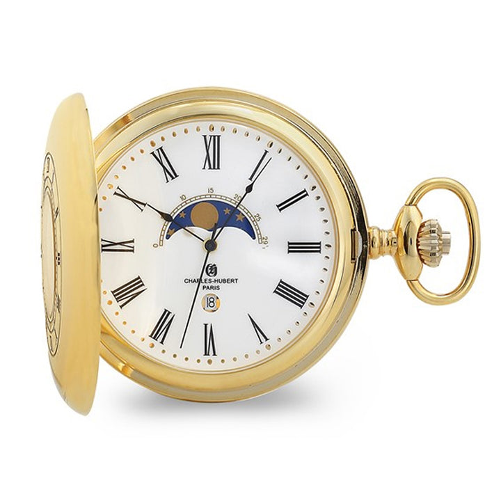 Charles Hubert Gold Plated Finish Open Window Moon Phase Pocket Watch Image 1