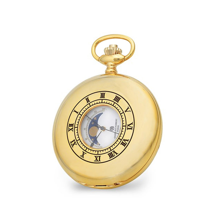 Charles Hubert Gold Plated Finish Open Window Moon Phase Pocket Watch Image 3