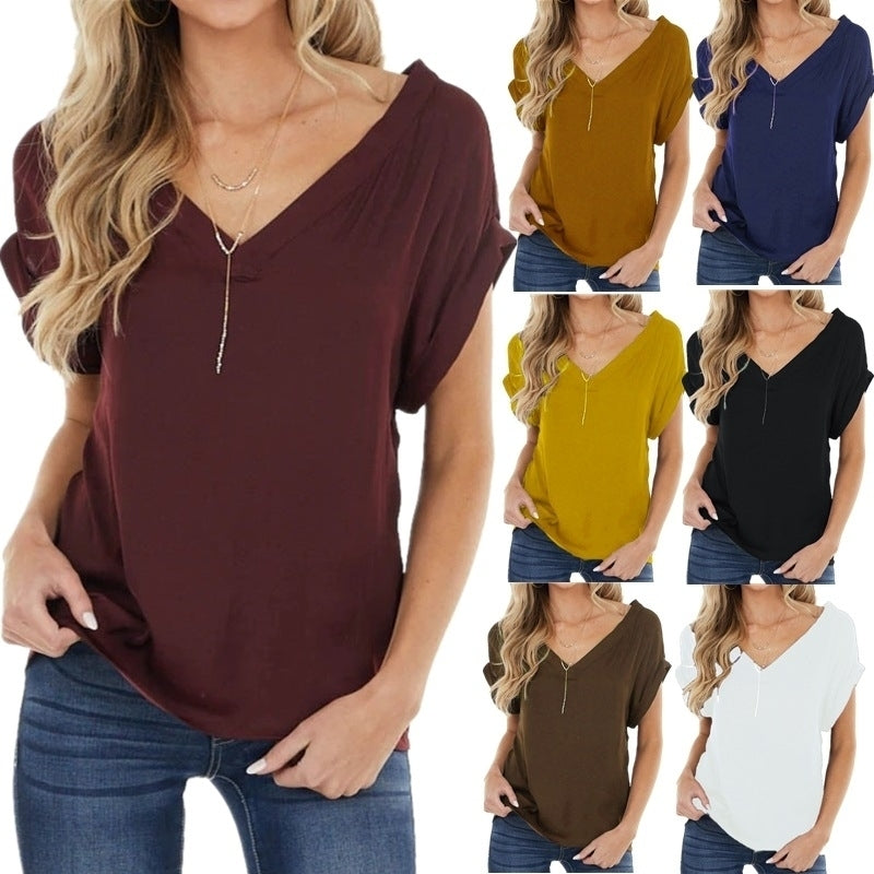 Fashion Front and Back V Neck Solid Color Pleated Short Sleeve Blouse Shirt Image 1