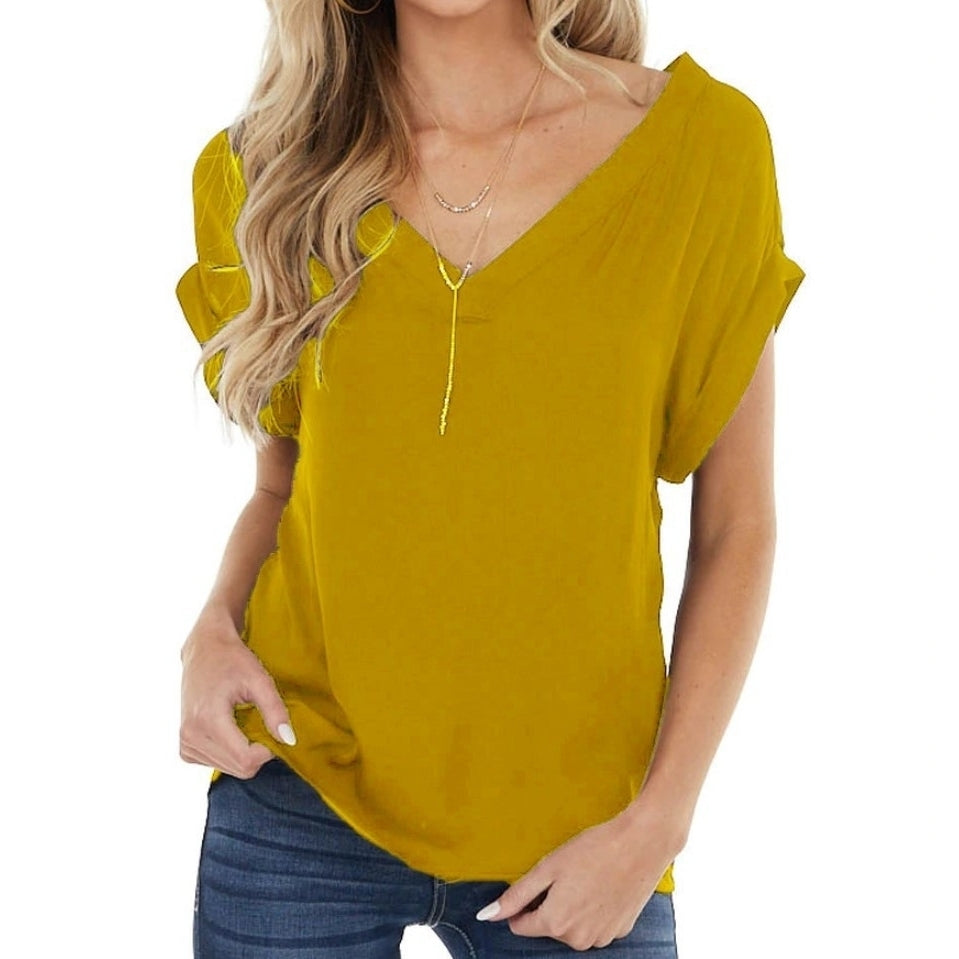 Fashion Front and Back V Neck Solid Color Pleated Short Sleeve Blouse Shirt Image 4