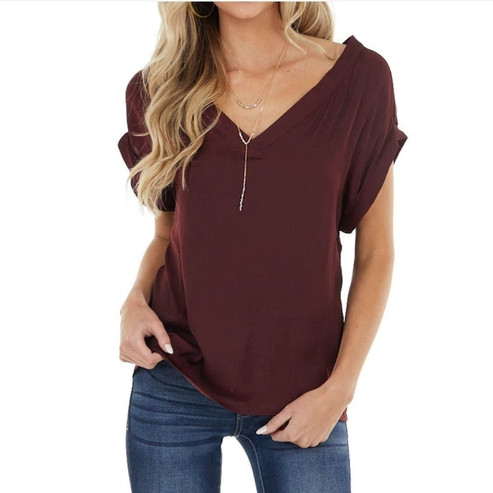 Fashion Front and Back V Neck Solid Color Pleated Short Sleeve Blouse Shirt Image 6