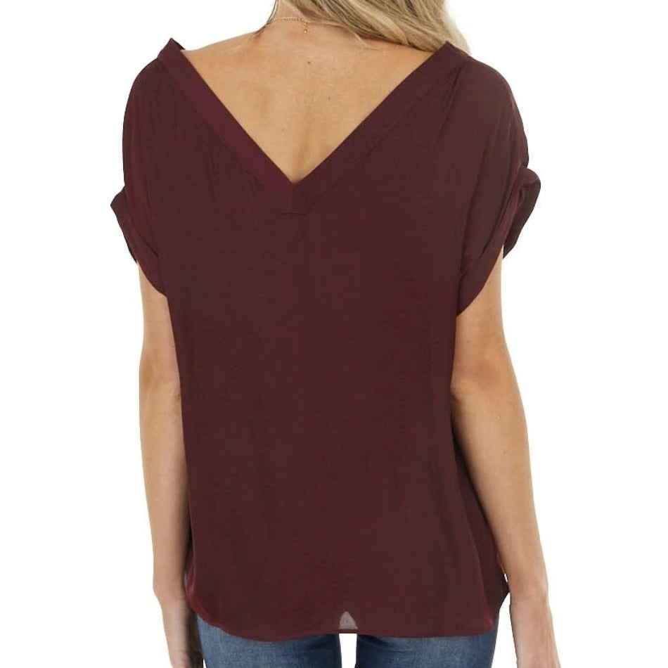 Fashion Front and Back V Neck Solid Color Pleated Short Sleeve Blouse Shirt Image 7