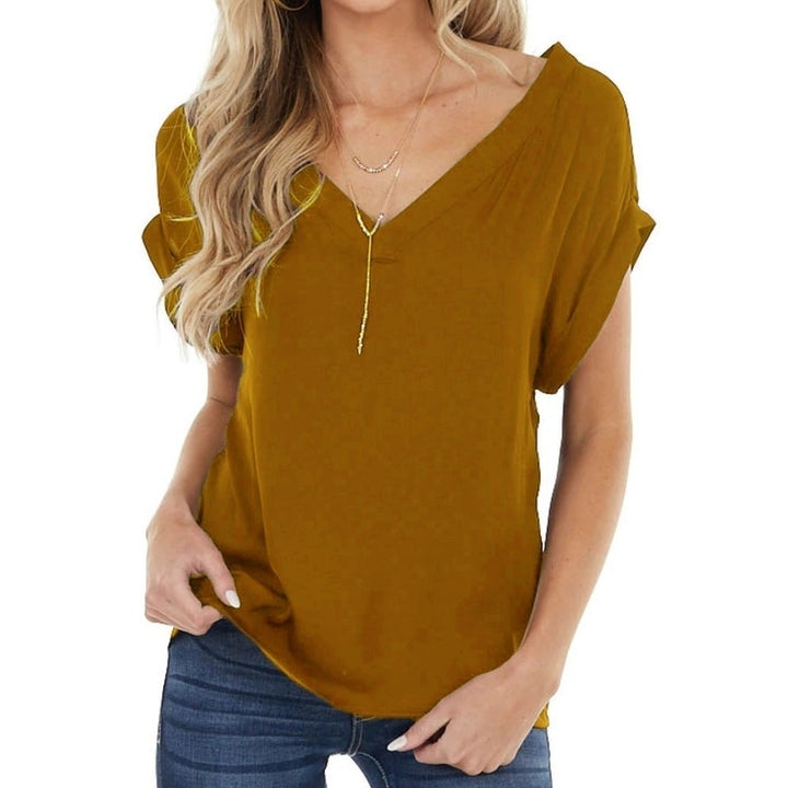 Fashion Front and Back V Neck Solid Color Pleated Short Sleeve Blouse Shirt Image 9