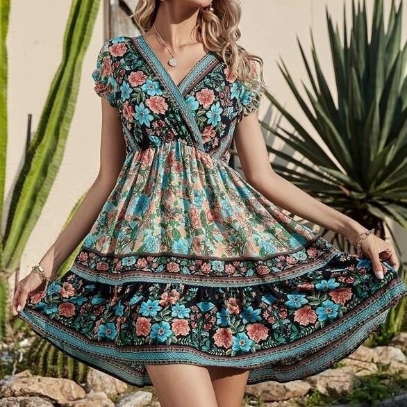 Allover Floral Print V-Neck Ruffle Hem Dress Image 1