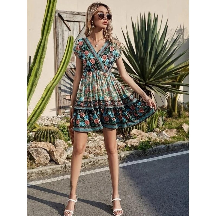 Allover Floral Print V-Neck Ruffle Hem Dress Image 3