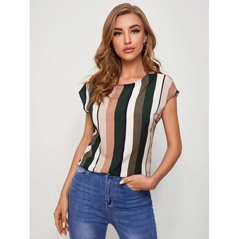 Batwing Sleeve Twist Cutout Back Striped Shirt Top Tee Image 2