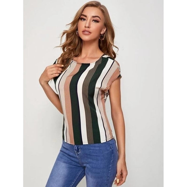 Batwing Sleeve Twist Cutout Back Striped Shirt Top Tee Image 4