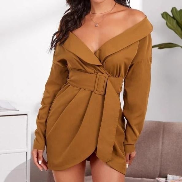 Belted Foldover Off-the-Shoulder Wrap Dress Image 1