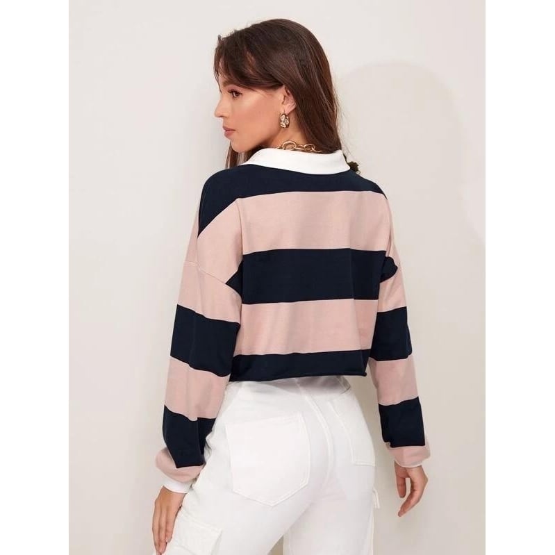 Button Half Placket Colorblock Pullover Image 2