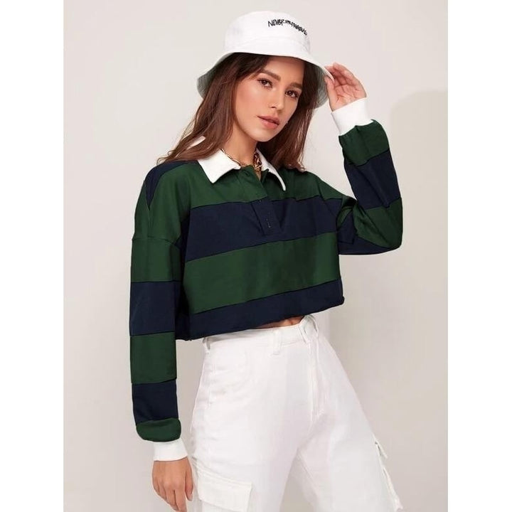 Button Half Placket Colorblock Pullover Image 4