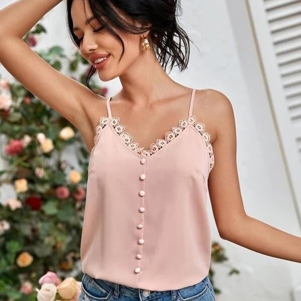 Button Front Lace Trim Cami Top Image 1