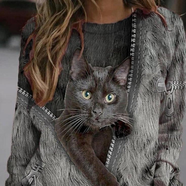 Cartoon Cat Print Casual O-neck Long-sleeved T-shirt Image 1