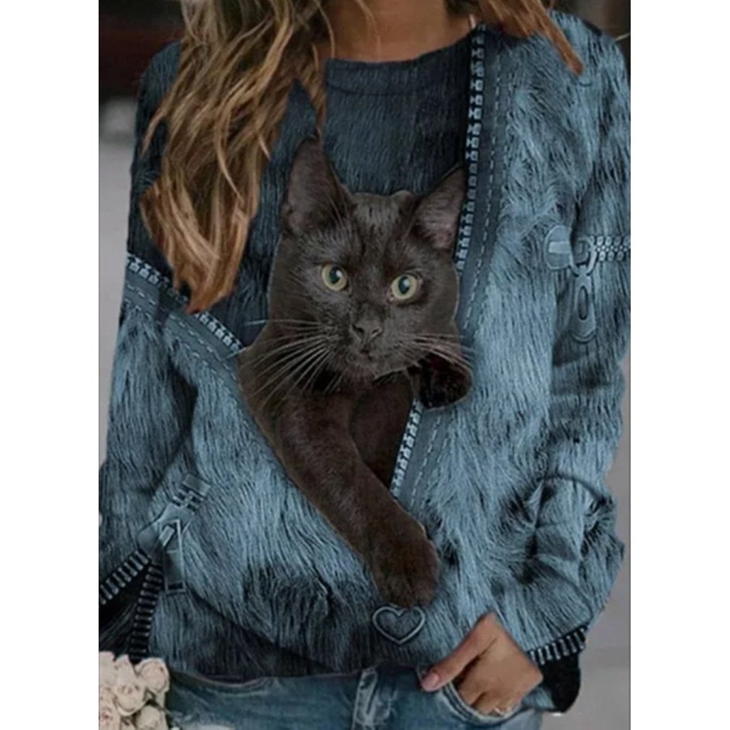 Cartoon Cat Print Casual O-neck Long-sleeved T-shirt Image 2