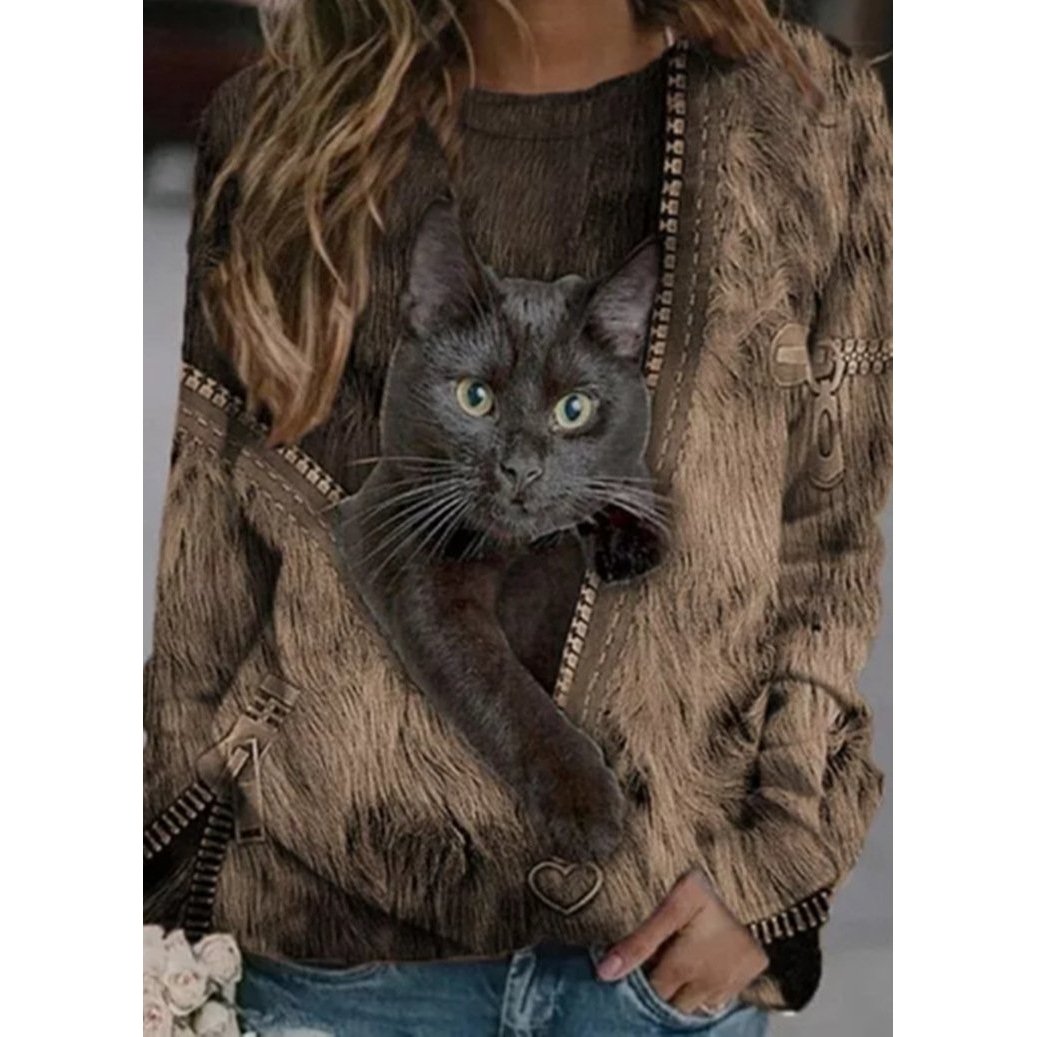 Cartoon Cat Print Casual O-neck Long-sleeved T-shirt Image 3