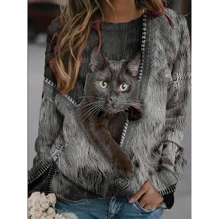 Cartoon Cat Print Casual O-neck Long-sleeved T-shirt Image 4