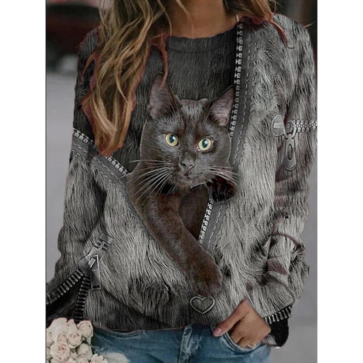 Cartoon Cat Print Casual O-neck Long-sleeved T-shirt Image 7