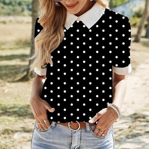 Contrast Collar Polka Dot Blouse Image 1