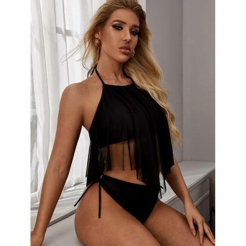 Contrast Mesh Halter Tie Side Bikini Swimsuit Image 3