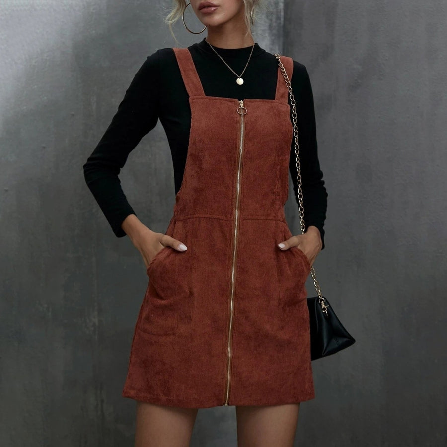 Corduroy O-Ring Zipper Mini Overall Dress Image 1