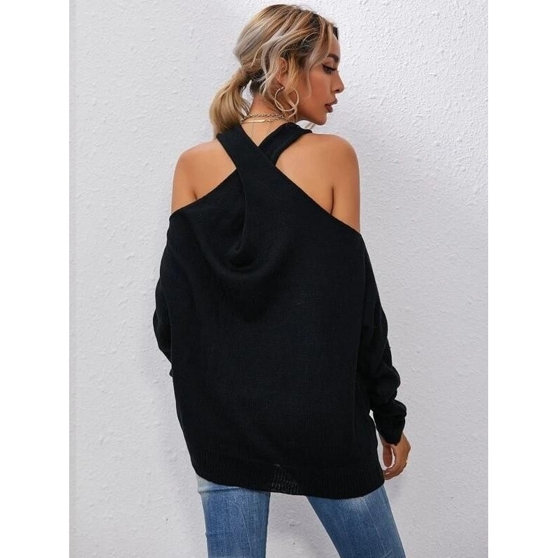 Crisscross Halter Neck Drop Shoulder Sweater Image 2